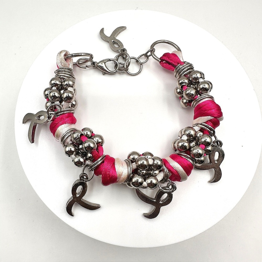 Vintage 90s Silk Ribbon Breast Cancer Awareness Bracelet Silver Tone Beaded